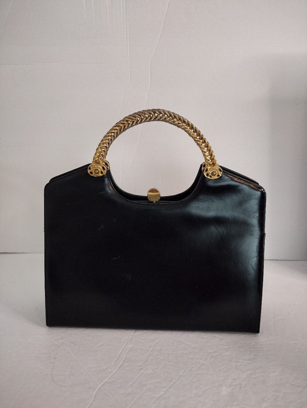 Vintage 1950s Black Leather Top Handle Handbag Gold Woven Handle Cocktail Bag - Picture 2 of 14